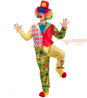 Costume Clown Fiorellino Uomo taglia M - Tutona Patchwork Colorata e Cappello, Perfetto per Carnevale e Feste a Tema Circo