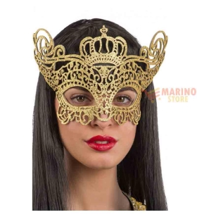 Maschera in tessuto intagliato con glitter oro e corona